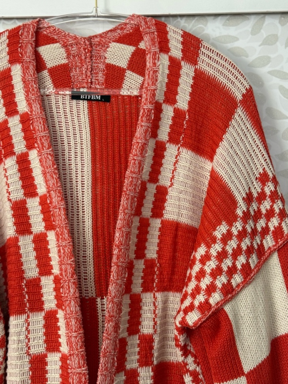 BTFBM Women’s L Boho Eclectic Orange Checkerboard Oversized Cardigan Sweater - Picture 4 of 10